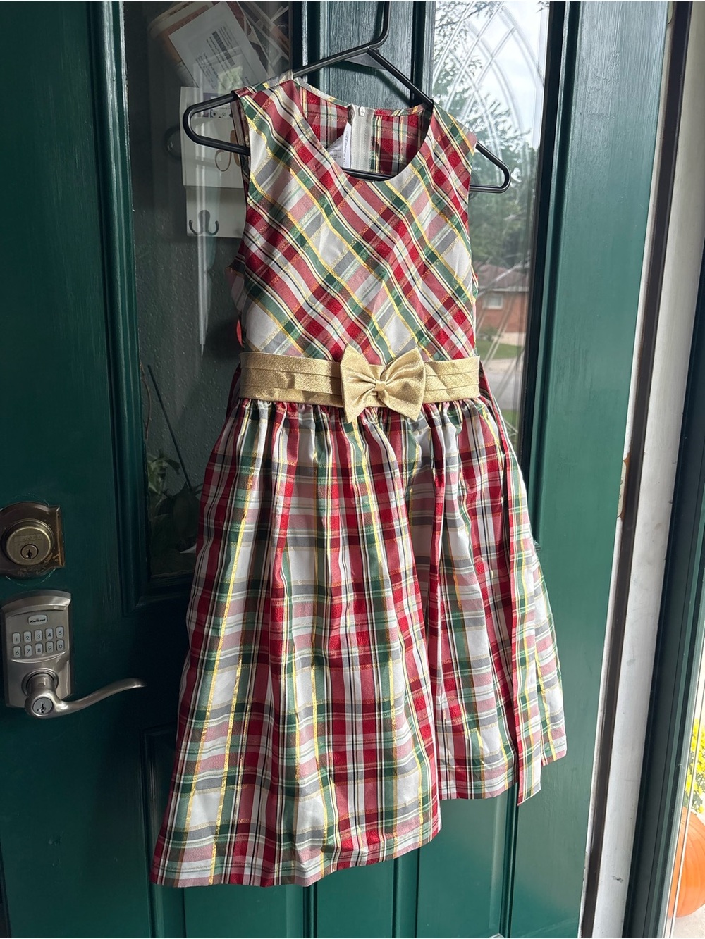 Bonnie Jean Red Green White Plaid Dress with Gold Bow Belt